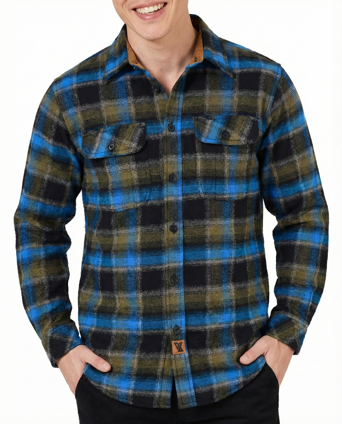 Plaid River Men's Long Sleeve Plaid Button Down Casual Flannel Shirt, Corduroy Cuffs - Pic