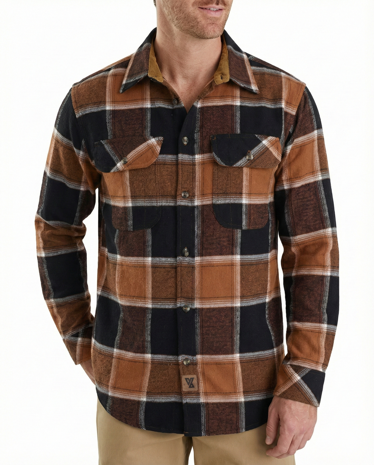Men's Ironwood Long Sleeve Plaid Button Down Casual Flannel Shirt, Corduroy Collar & Cuffs - Pic