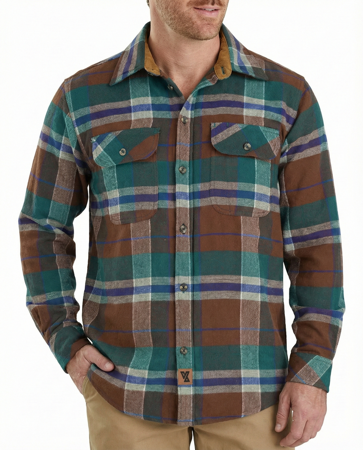 Men's Smoky Mountain Long Sleeve Plaid Button Down Casual Flannel Shirt, Corduroy Collar & Cuffs - Pic