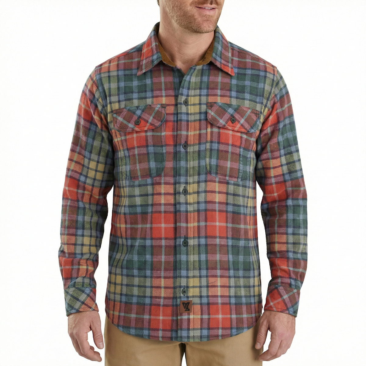 Men's Amber Color Plaid Long Sleeve Plaid Button Down Casual Flannel Shirt, Corduroy Collar & Cuffs - Pic
