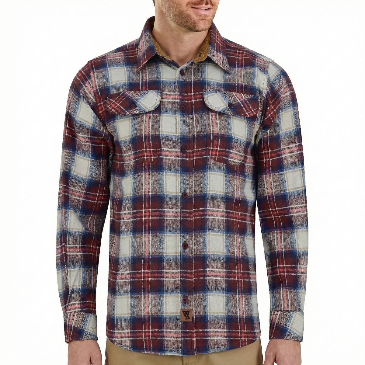 Men's Merlot Long Sleeve Plaid Button Down Casual Flannel Shirt, Corduroy Collar & Cuffs - Pic