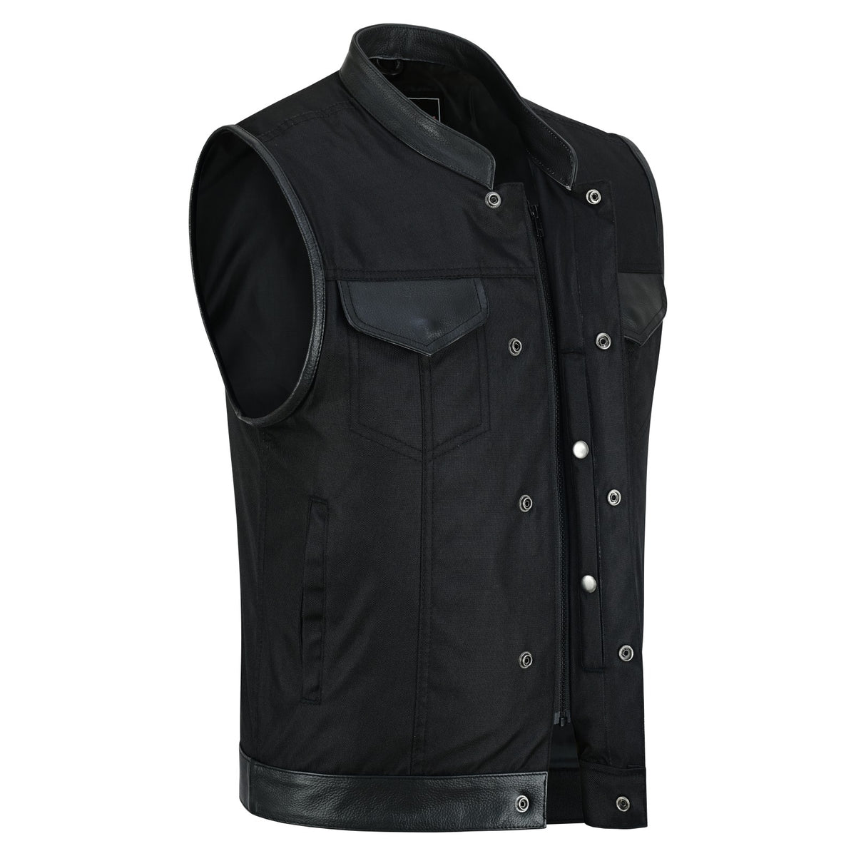 Vance Textile Mens Black SOA Club Style Leather Trimmed Textile Motorcycle Vest w/ Front Zipper and Snap Closure