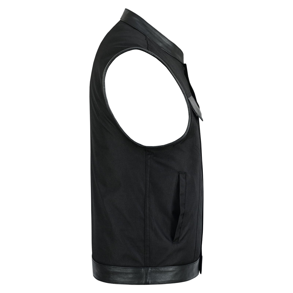 Vance Textile Mens Black SOA Club Style Leather Trimmed Textile Motorcycle Vest w/ Front Zipper and Snap Closure