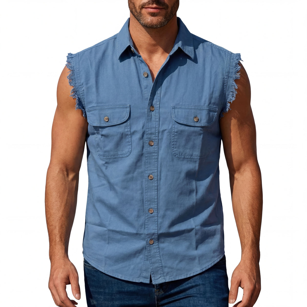 Vance - Men's Biker Motorcycle Light Blue Cut Off Sleeveless Shirt