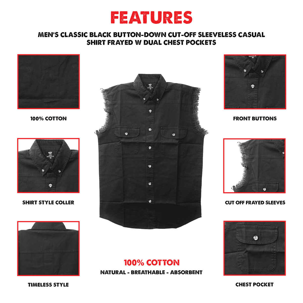 Vance - Men's Biker Motorcycle Black Cut Off Sleeveless Shirt