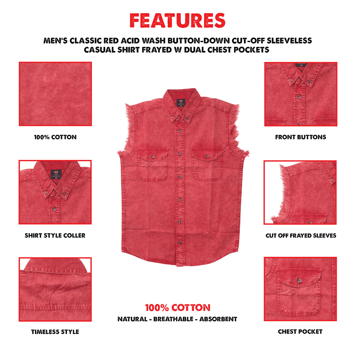 Vance Men's Biker Motorcycle Red Acid Wash Cut Off Sleeveless Shirt