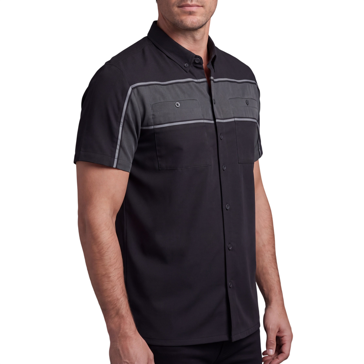 Vance Men's Black Gray Heavy-Duty Button up Mechanic Work Shirt w/ Reflective Strip - side