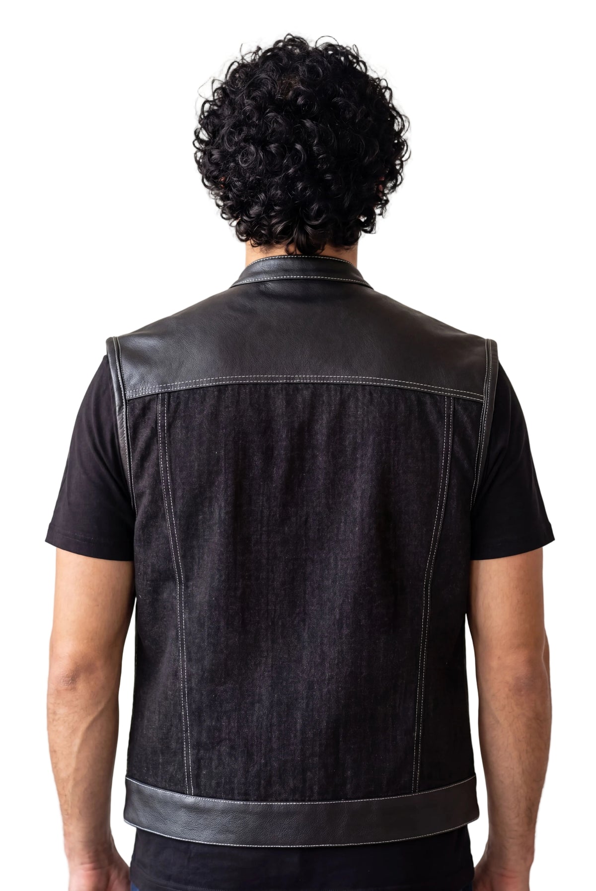 Men's Black Denim & Leather white Stitching Motorcycle Vest with Dual Conceal Carry Pockets - back pose