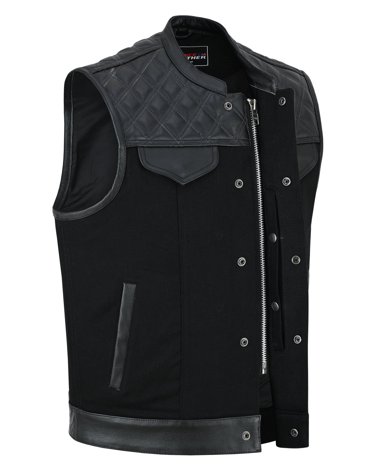 Men's Denim & Leather Motorcycle Vest w/ CCW Pockets, SOA Style Biker Club Vest w/ Black Diamond Stitching