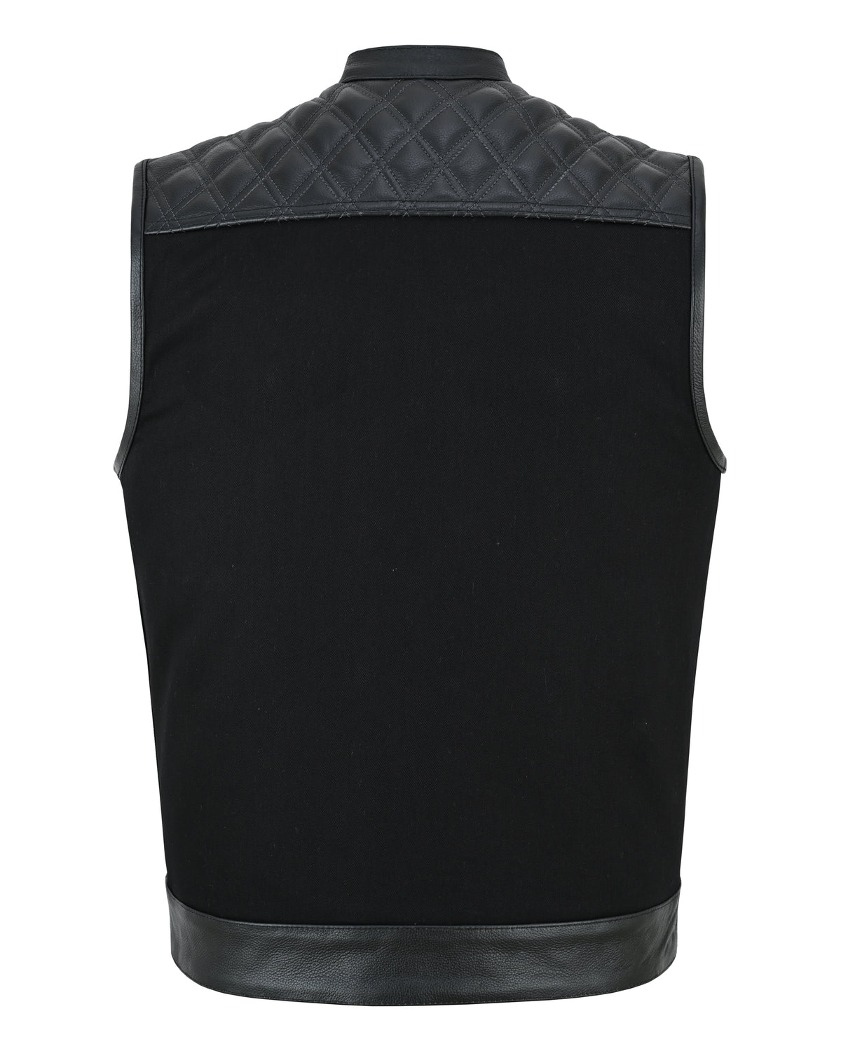 Men's Denim & Leather Motorcycle Vest w/ CCW Pockets, SOA Style Biker Club Vest w/ Black Diamond Stitching