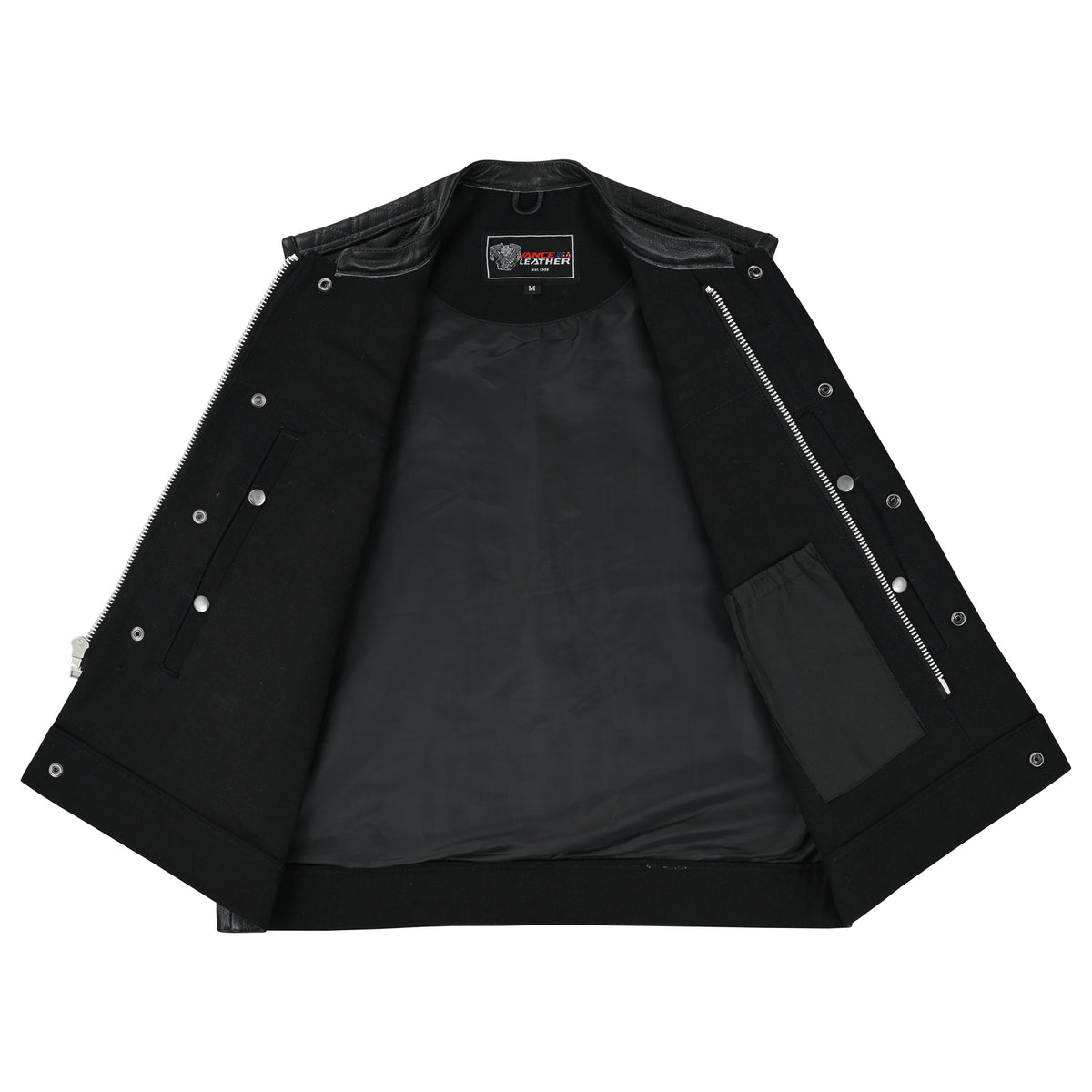 Men's Denim & Leather Motorcycle Vest w/ CCW Pockets, SOA Style Biker Club Vest w/ Black Diamond Stitching