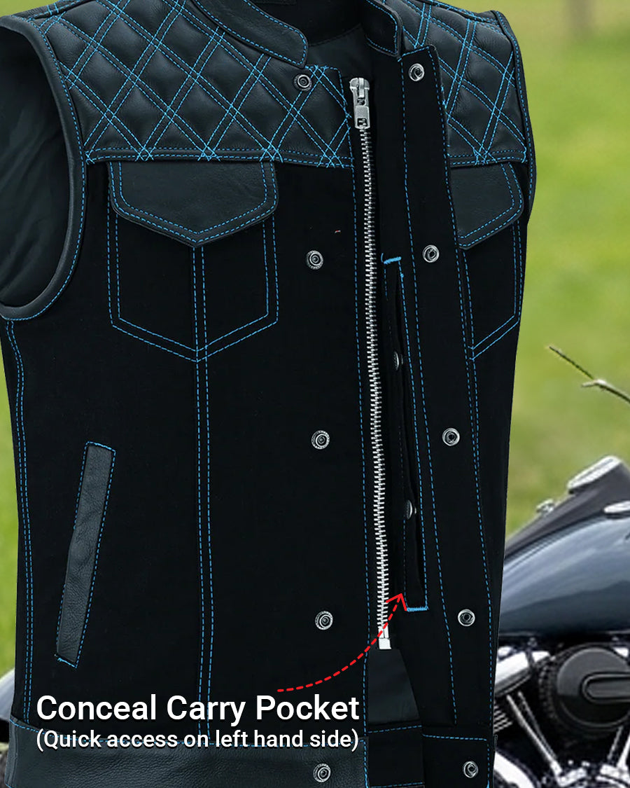 Men's Denim & Leather Motorcycle Vest with CCW Pockets and Blue Stitching