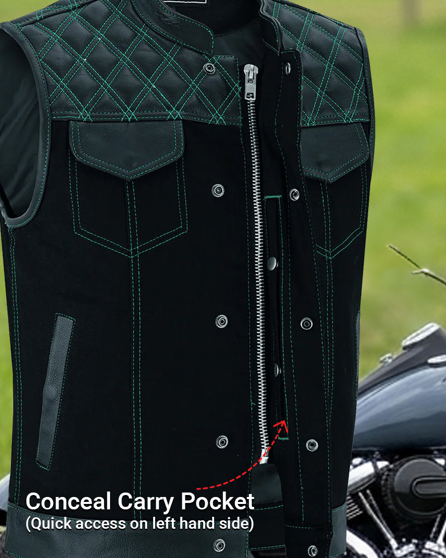 Men's Denim & Leather Motorcycle Vest with CCW Pockets and Green Stitching