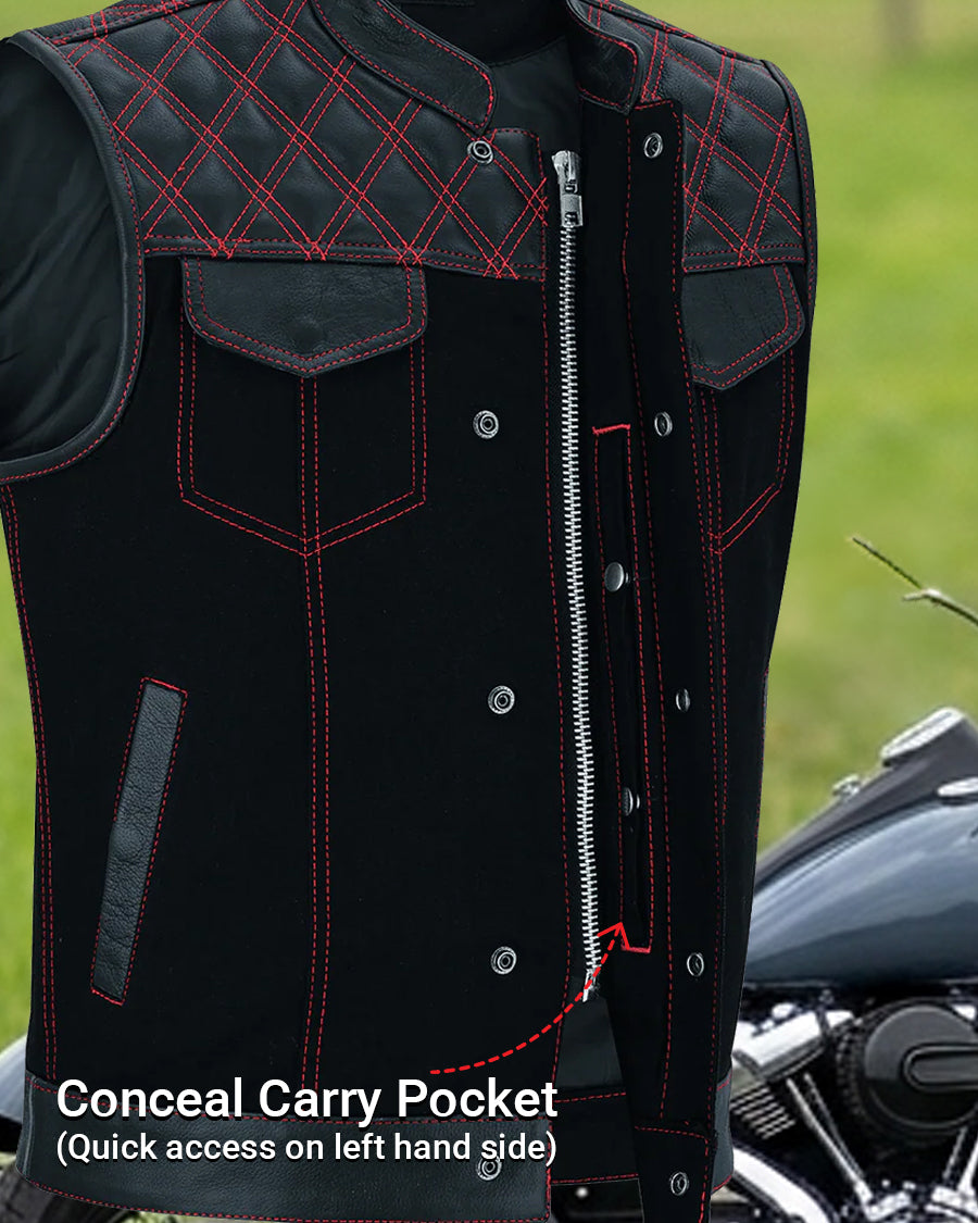 Men's Denim & Leather Motorcycle Vest with CCW Pockets and Red Stitching