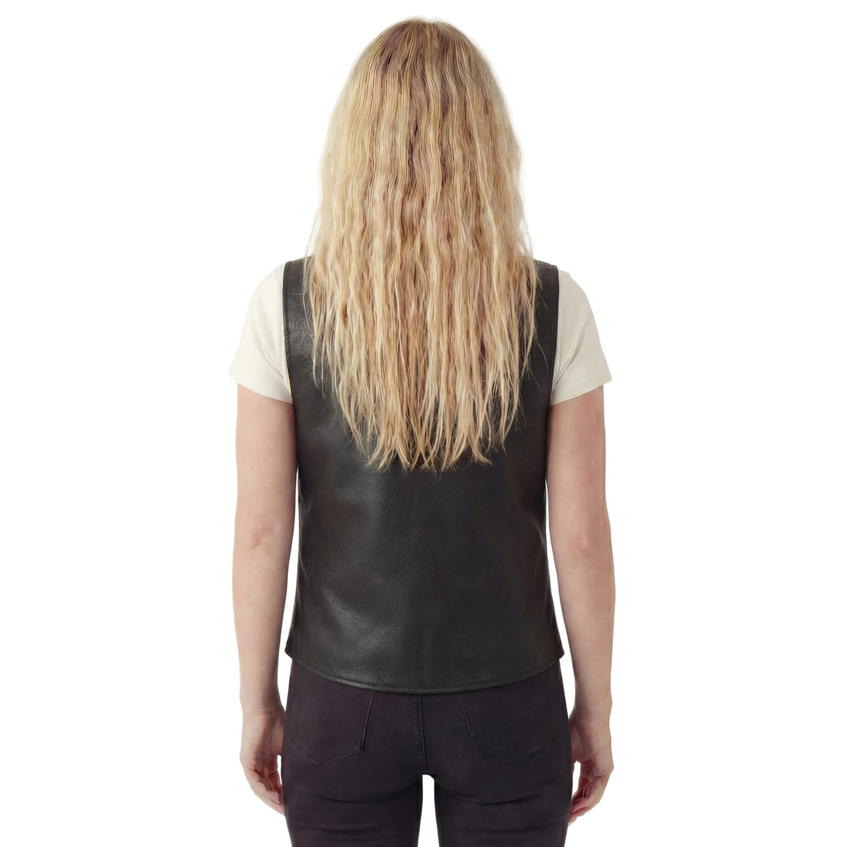 Womens Black Five Snap Lady Biker Leather Motorcycle Vest with Conceal Carry Pockets and Patch Ready