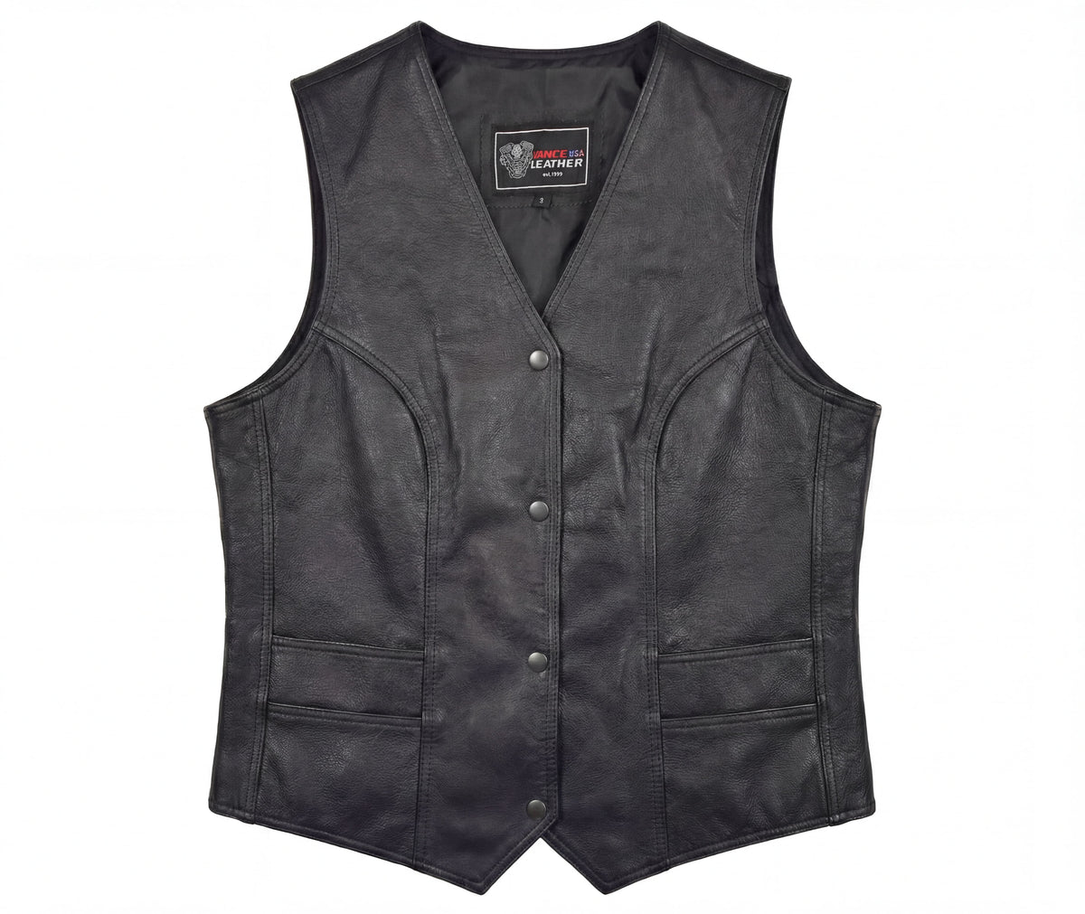 Vance Women’s Classic Black Leather Motorcycle Vest Snap Front Biker Vest with CCW Pockets - Front