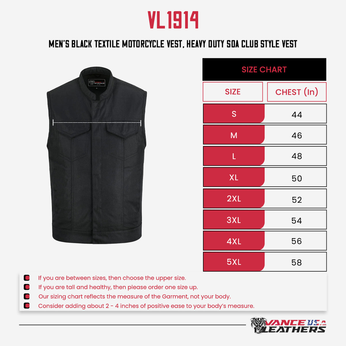 Men’s Black Textile Motorcycle Vest, Heavy Duty SOA Club Style Vest w/ Front Zipper and Snap Closure
