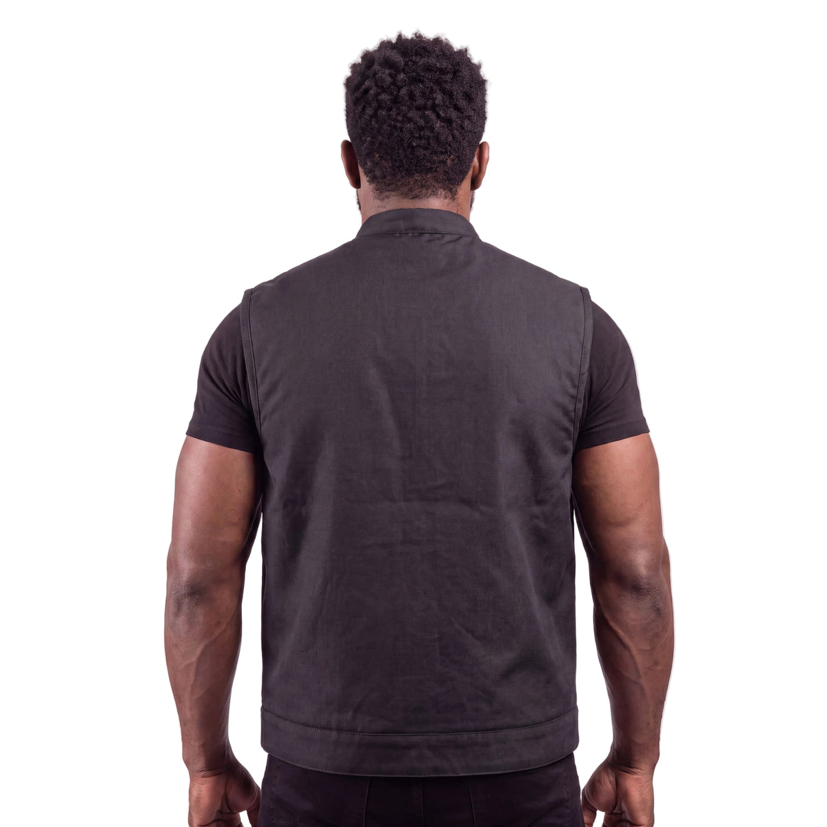 Men’s Black Textile Motorcycle Vest, Heavy Duty SOA Club Style Vest w/ Front Zipper and Snap Closure - back pose