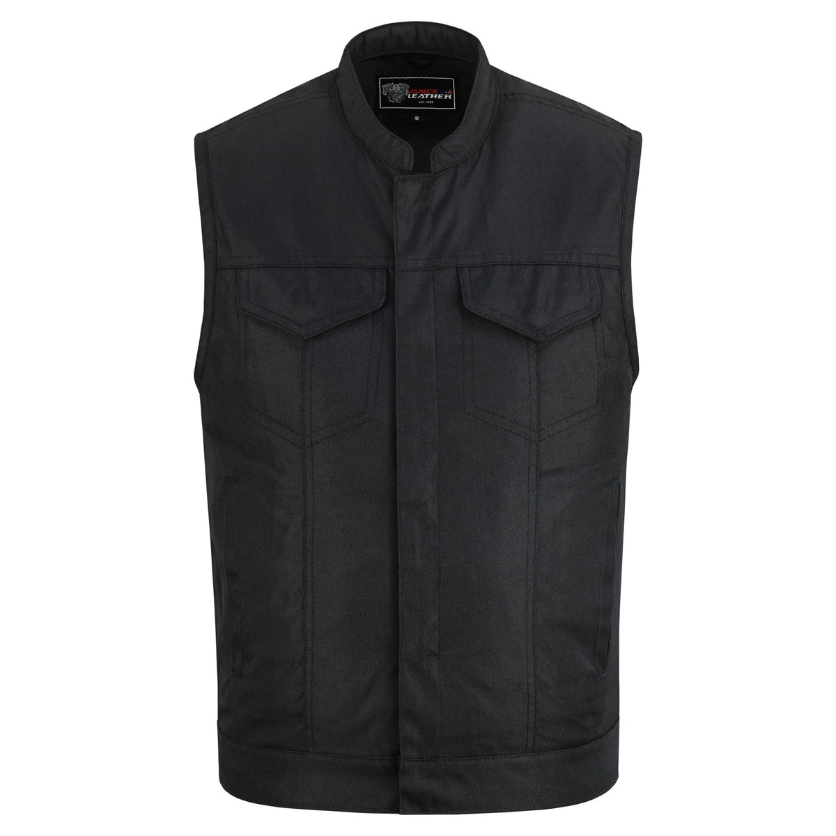 Men’s Black Textile Motorcycle Vest, Heavy Duty SOA Club Style Vest w/ Front Zipper and Snap Closure