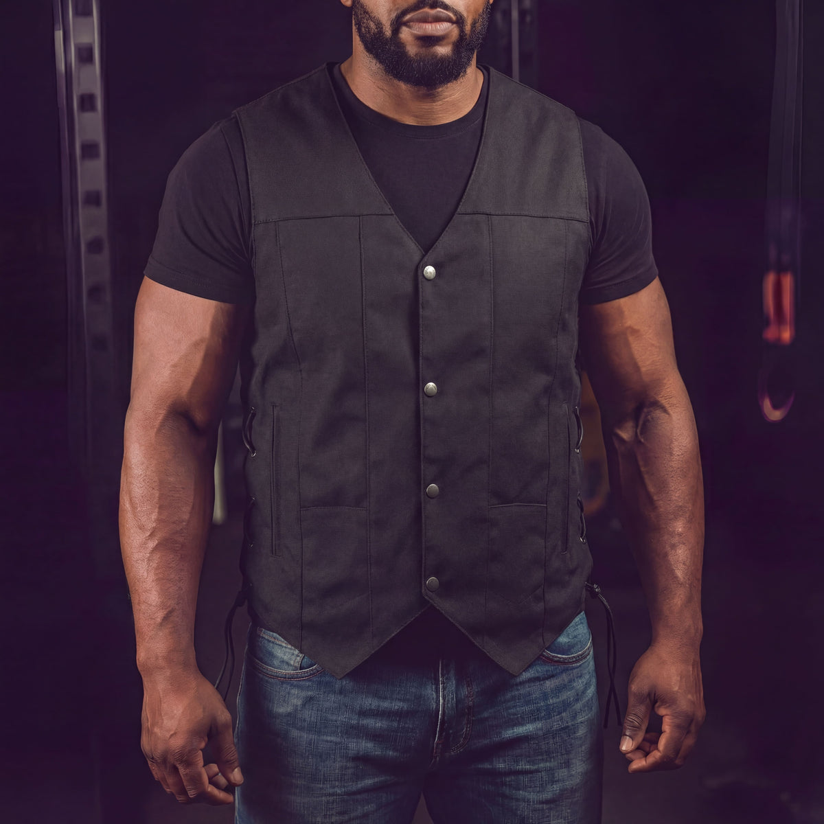 Men's Premium Black Textile Motorcycle 10 Pocket Vest with Dual Conceal Carry Pockets - Perfect for Every Biker Versatile & Durable - Pic