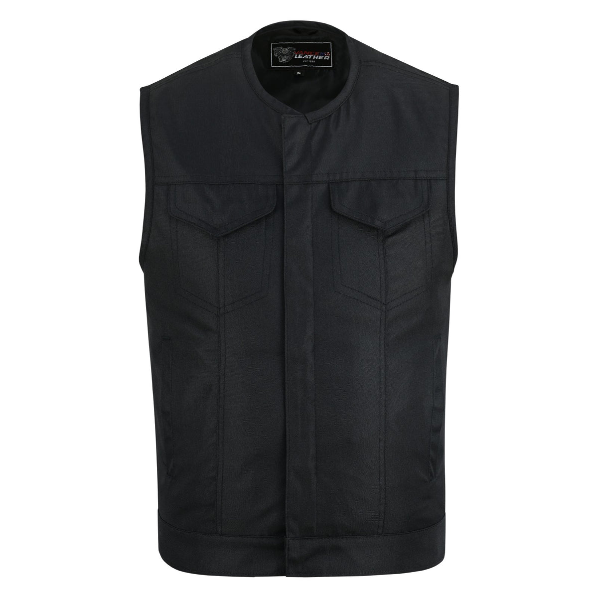 Men’s Premium Collarless Textile Motorcycle Vest Heavy Duty SOA Club Style Vest w/ Front Zipper and Snap Closure - Main