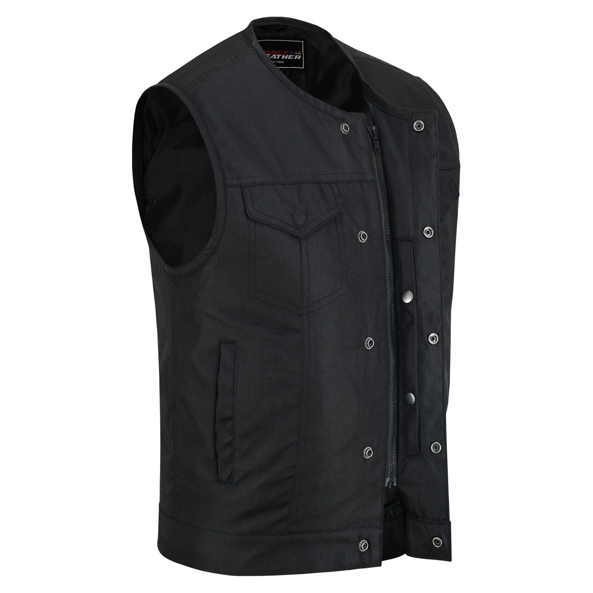 Men’s Premium Collarless Textile Motorcycle Vest Heavy Duty SOA Club Style Vest w/ Front Zipper and Snap Closure - front closure