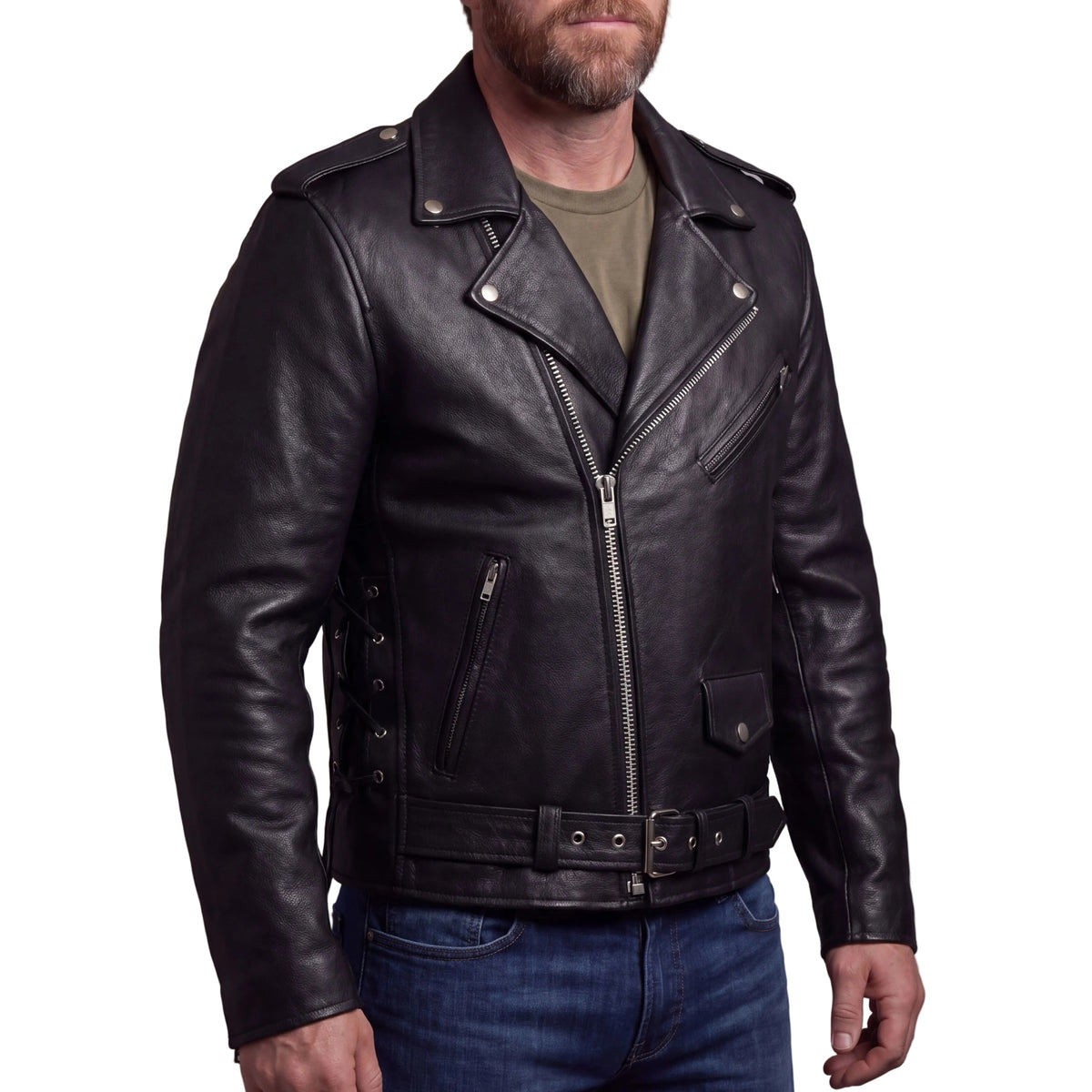 Mens Premium Classic Motorcycle Black Leather Jacket with Cowhide Conceal Carry - side pose