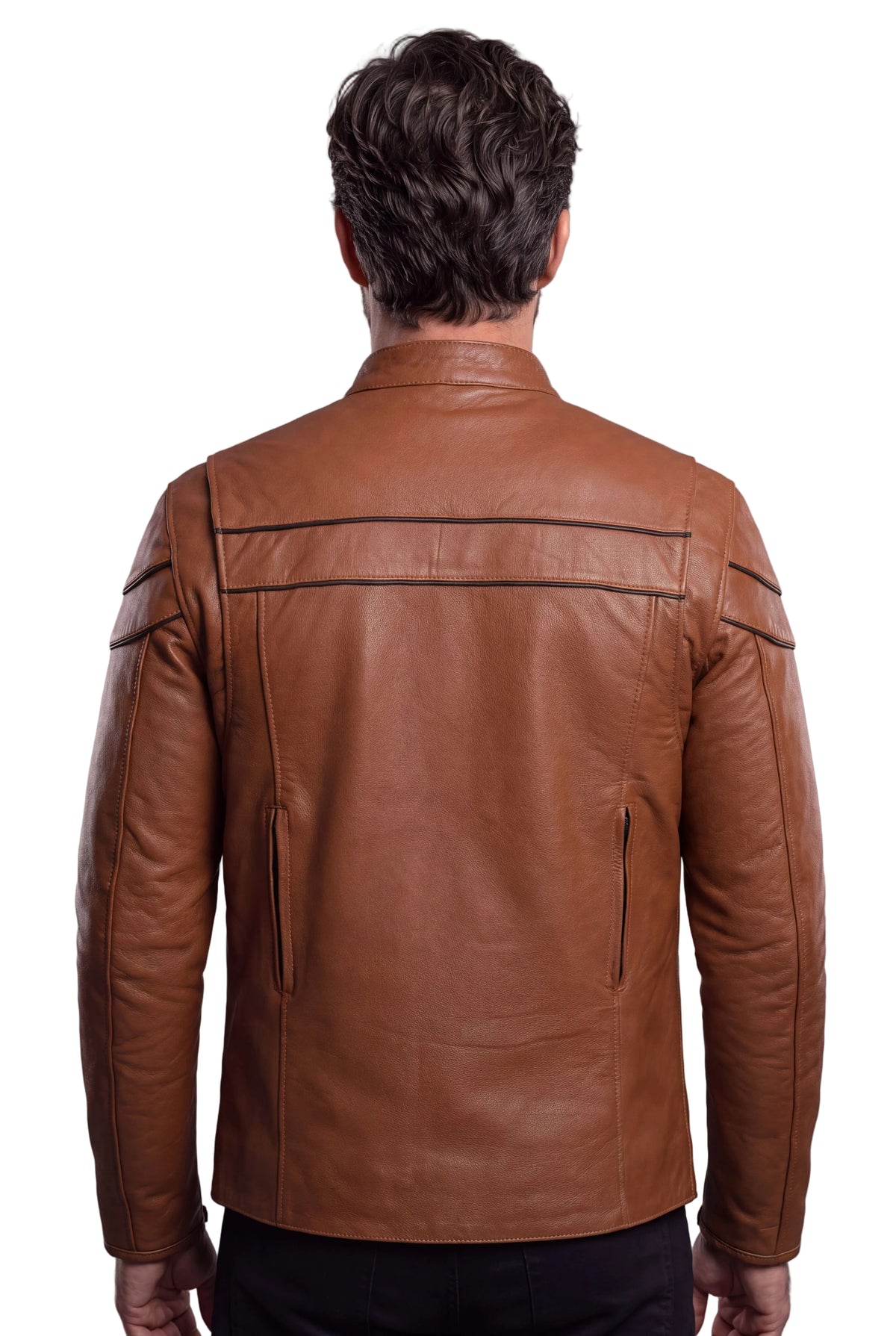 Men's Cognac Brown Premium Cowhide Cafe Racer Leather Motorcycle Jacket with Zipper Vents - back pic