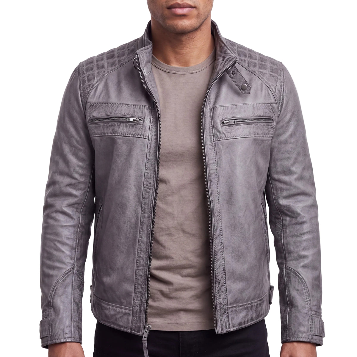Men's Cafe Racer Waxed Lambskin Distressed Grey Motorcycle Leather Jacket - front image