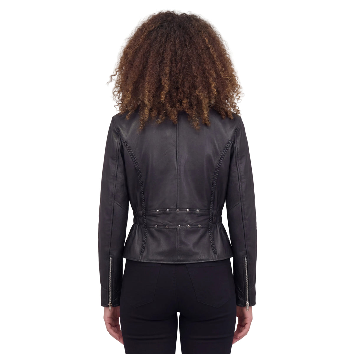 Vance Leather Women's Black Soft Cowhide Braided and Studded Biker Motorcycle Riding Jacket back pose