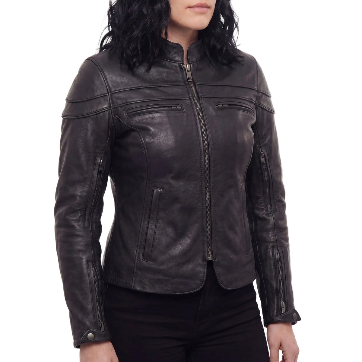 Womens Black Soft Cowhide Leather Sporty Scooter Crossover Biker Motorcycle Riding Jacket - side pose