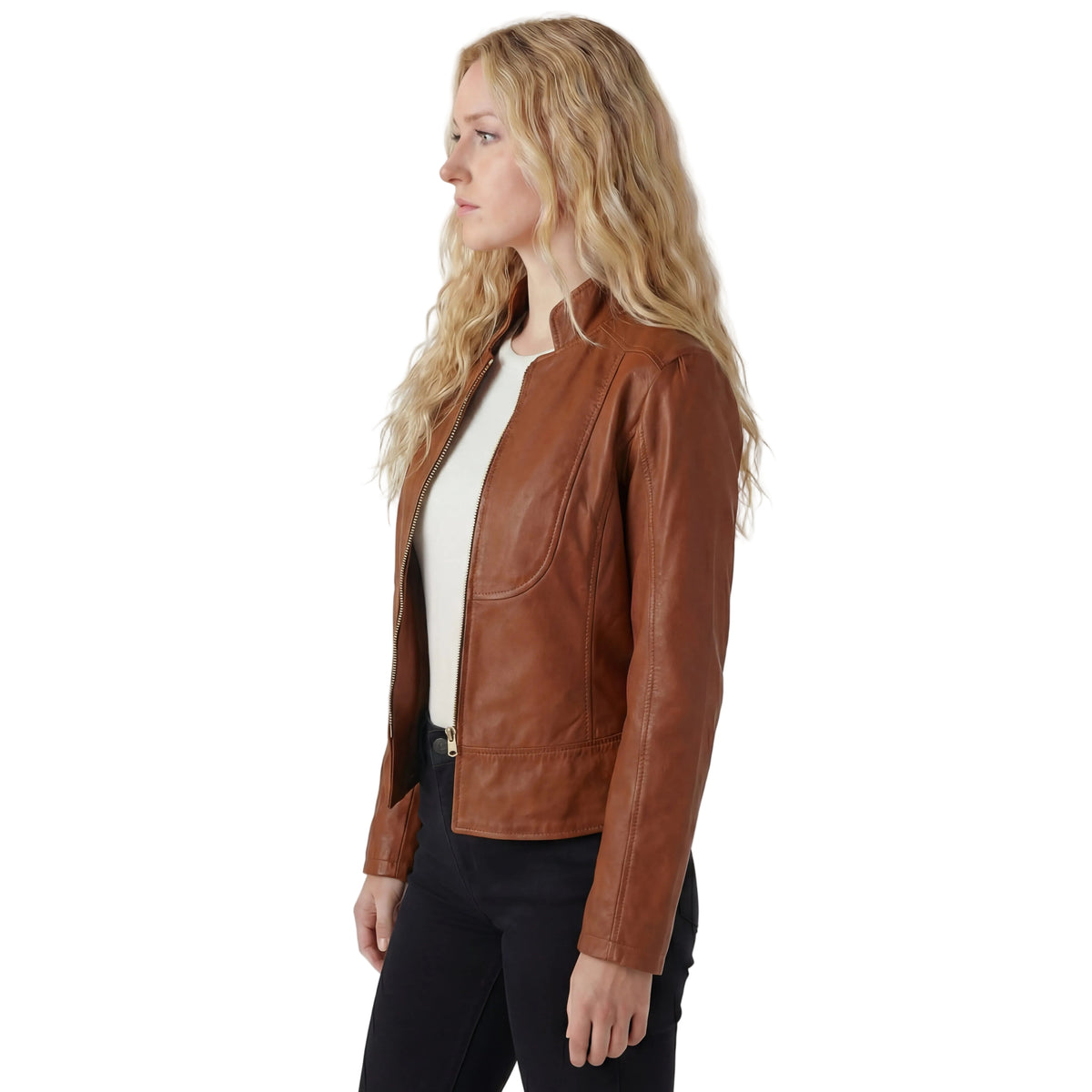 Vance Leathers Ladies Premium Soft Lightweight Brown Fitted Motorcycle Leather Jacket - side pose