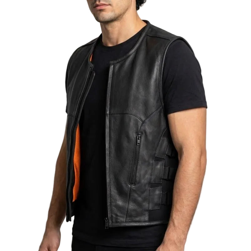 Mens Black SWAT Team Style Premium Leather Motorcycle Vest - side pose