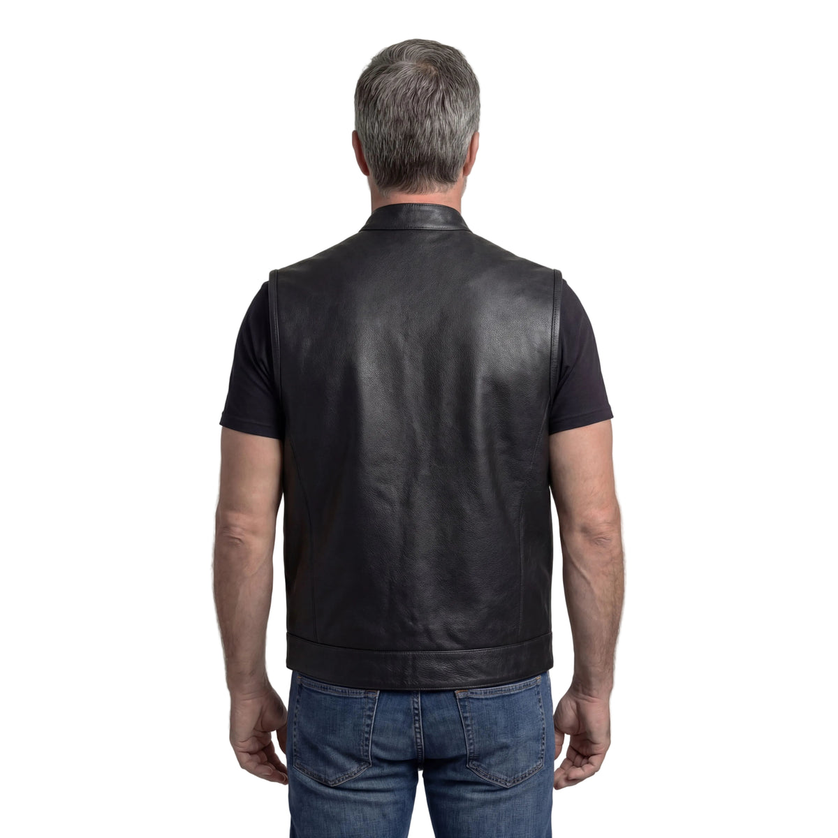 Men's Standard Black Zipper and Snap Closure Concealed Carry SOA Style Leather Motorcycle Vest - back pose