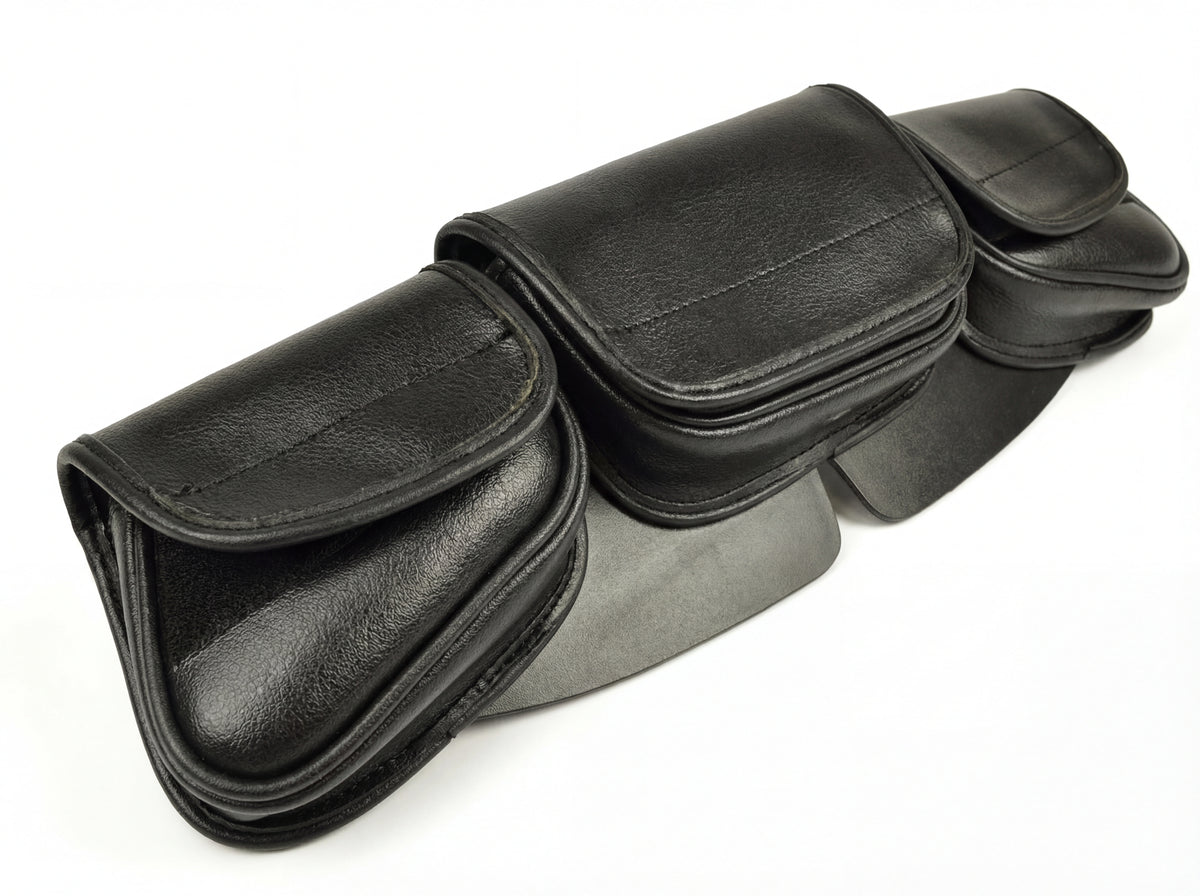 Black leather windshield bag with multiple pouches on a white background