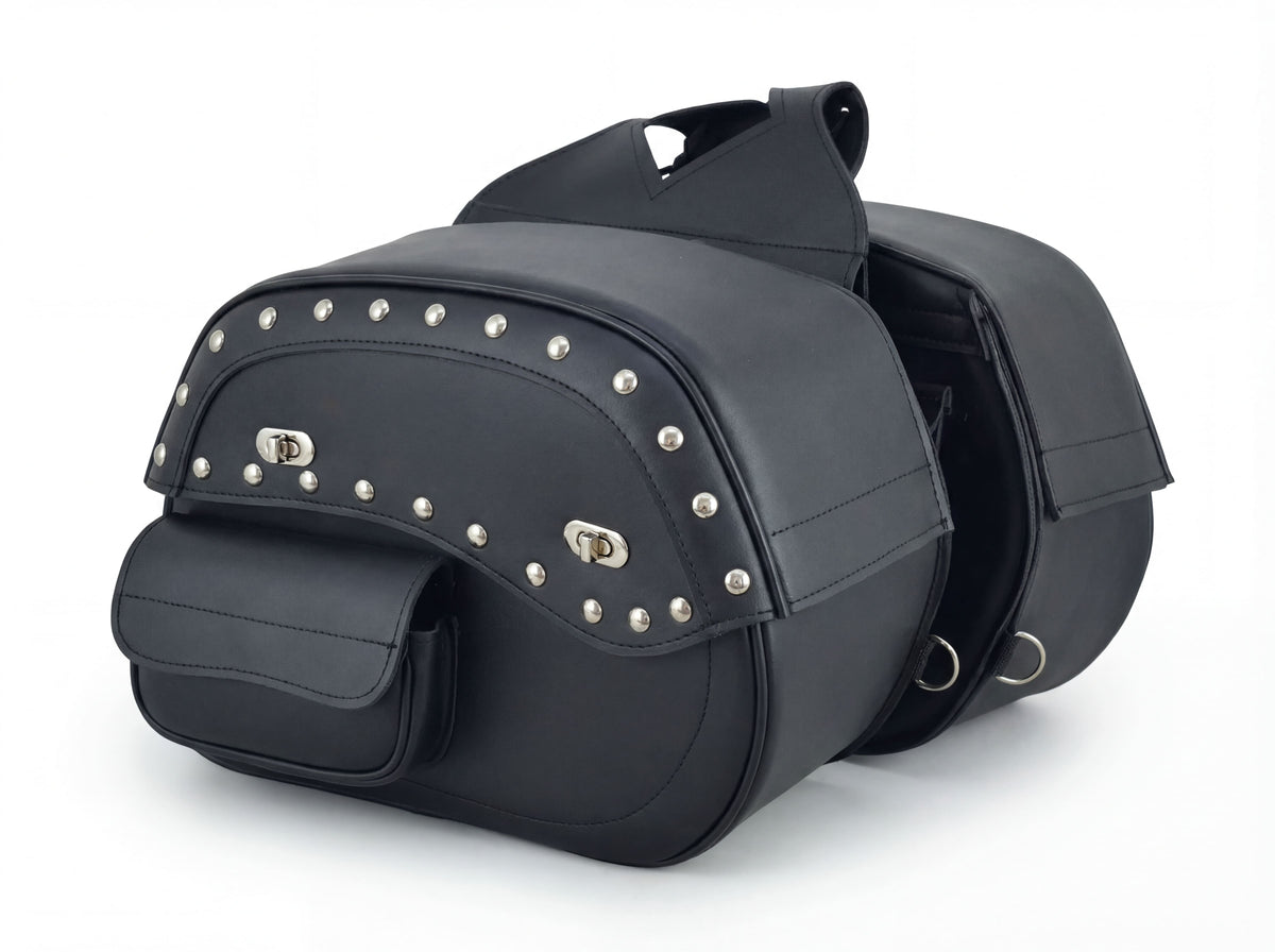 Deluxe Throw-Over PVC Studded Motorcycle Saddlebags w External Pockets, 15L Universal Fit for Harley Honda Yamaha Kawasaki & Indian Cruiser Touring Bikes