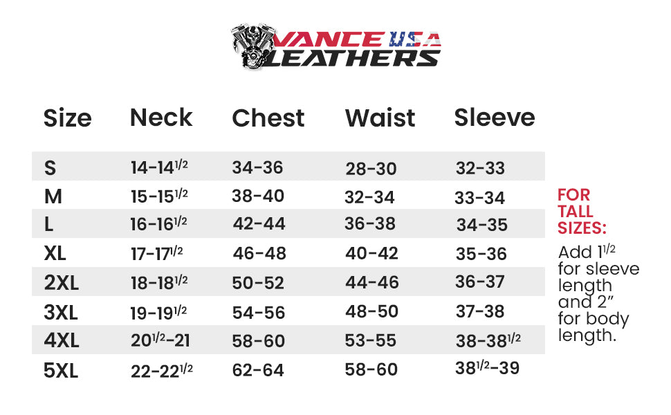 Vance Leathers flannel size chart, S–5XL, with neck, chest, waist and sleeve measurements; text table in description.
