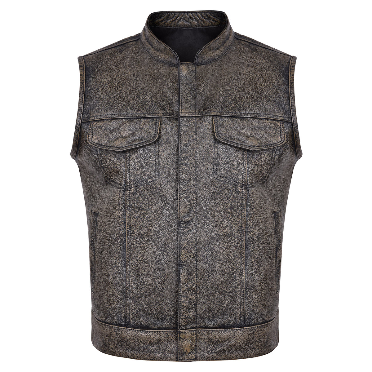 High Mileage Mens Premium Cowhide Distressed Brown SOA Style Biker Club Leather Motorcycle Vest