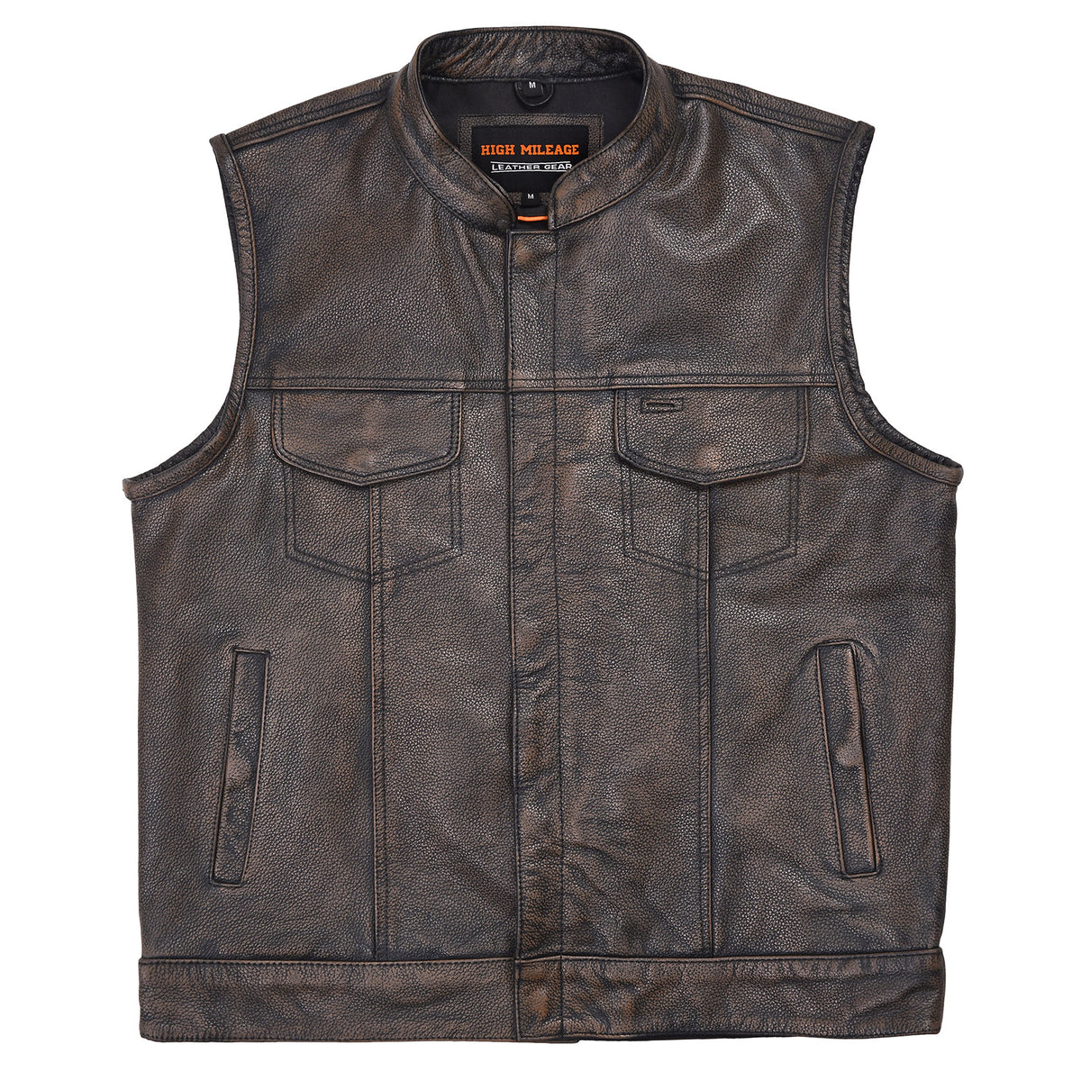 High Mileage Mens Premium Cowhide Distressed Brown SOA Style Biker Club Leather Motorcycle Vest