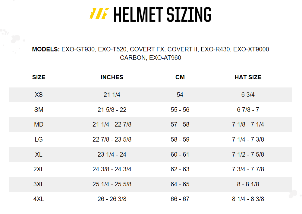 Scorpion EXO-GT930 Transformer Helmet - size chart