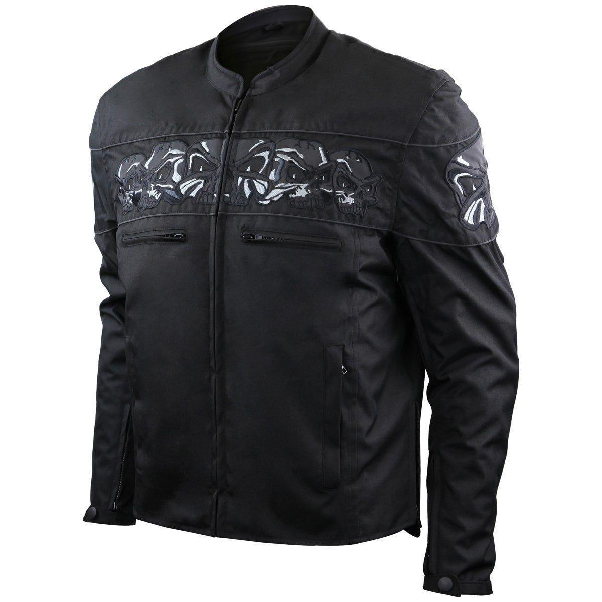 Mens Black Embroidered Reflective Skull CE Armored Textile Biker Motorcycle Jacket