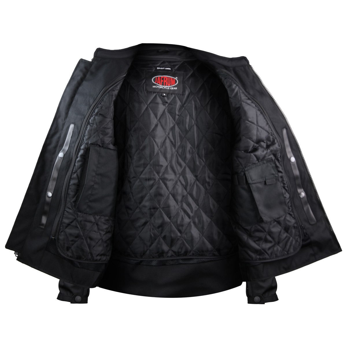 Mens Black Embroidered Reflective Skull CE Armored Textile Biker Motorcycle Jacket - Open View