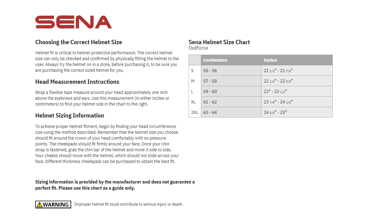Sena OutForce Full Face Motorcycle Bluetooth Helmet - Size chart Sena OutForce Full Face Motorcycle Bluetooth Helmet - Size chart