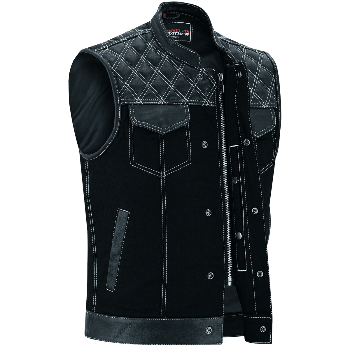 Vance-Leathers-VB924WH-Men's-Denim-Leather-Motorcycle-Vest-with-White-Stitching-front-snap-button-zipper