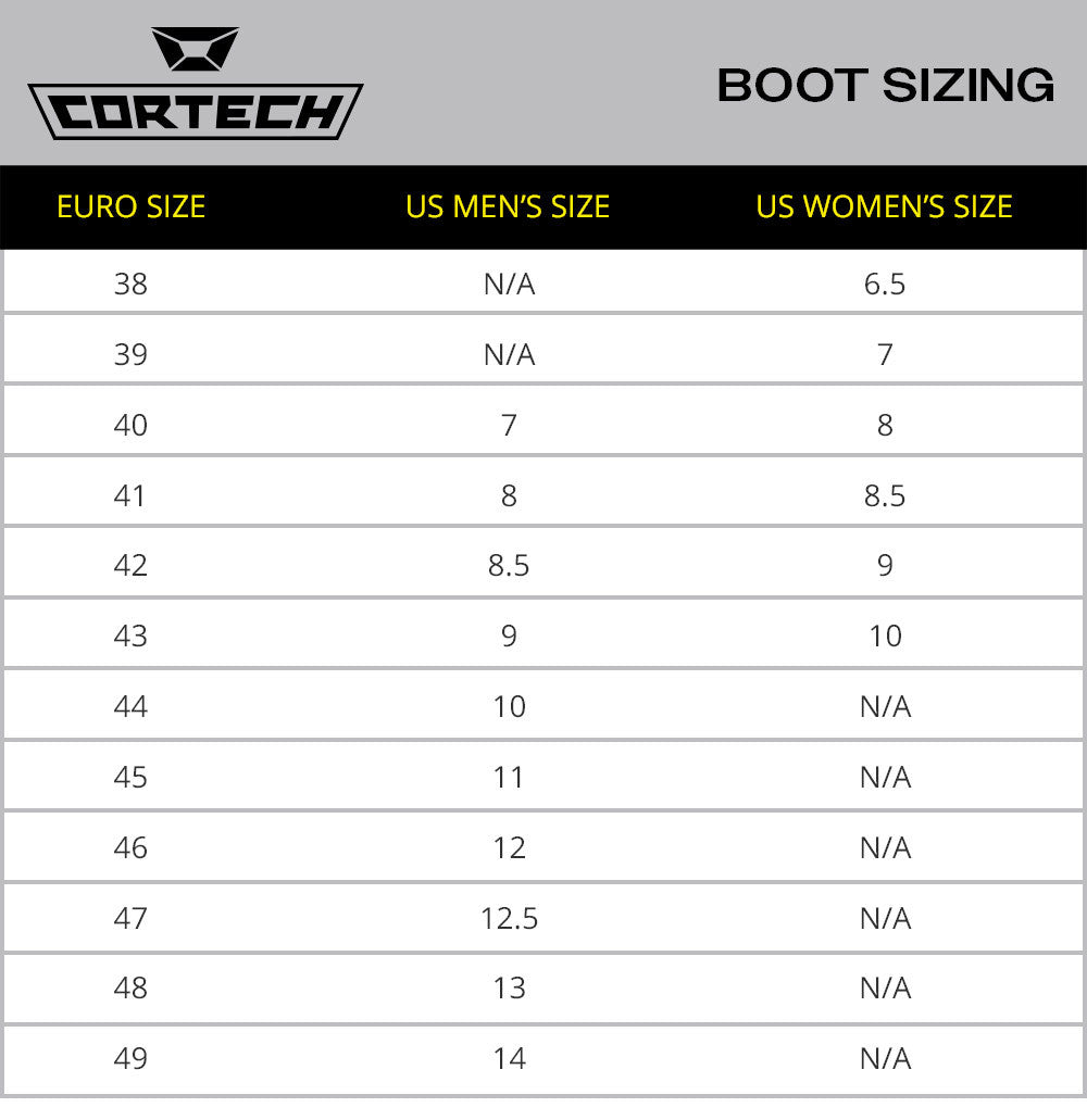 Cortech Slayer Canvas Riding Shoes-Black-size chart