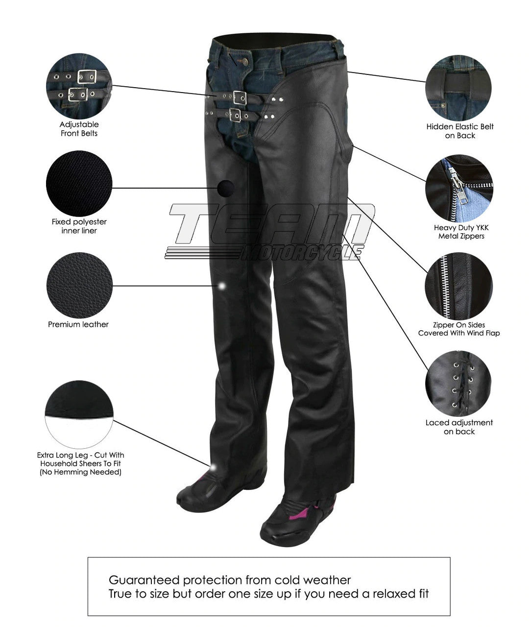 Jafrum LC302 Womens Black Premium Cowhide Low Rise Lady Biker Motorcycle Riding Leather Chaps - Infographics