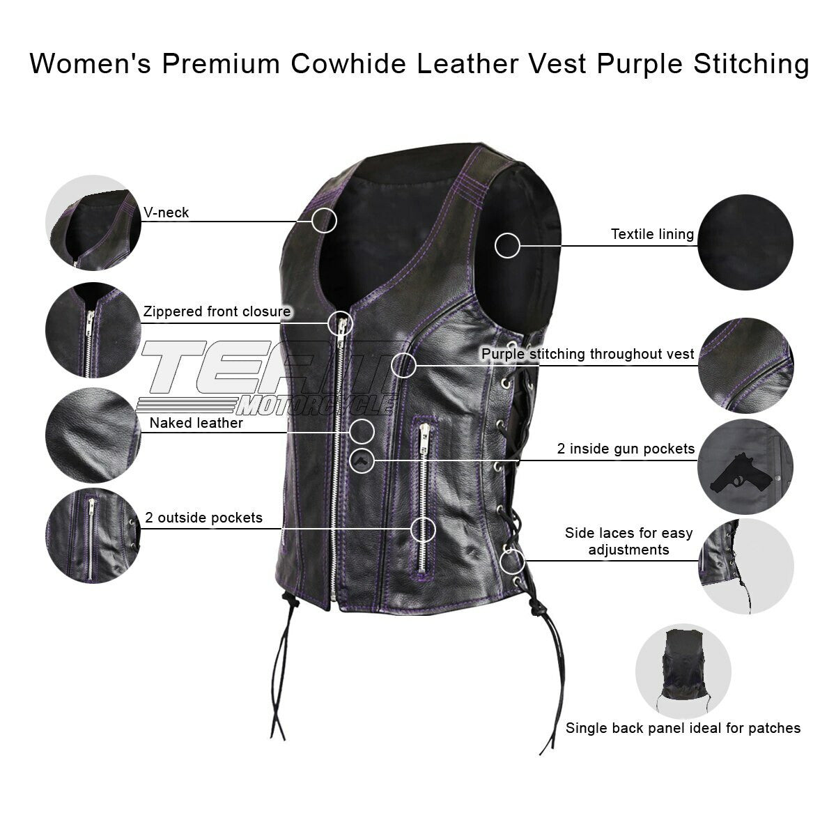 Women's Premium Cowhide Leather Vest Purple Stitching - Infographics