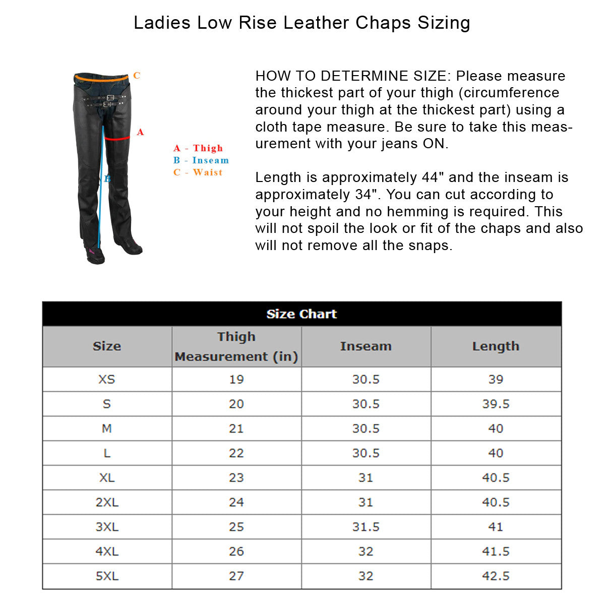 Jafrum LC302 Womens Black Premium Cowhide Low Rise Lady Biker Motorcycle Riding Leather Chaps  - Size Chart