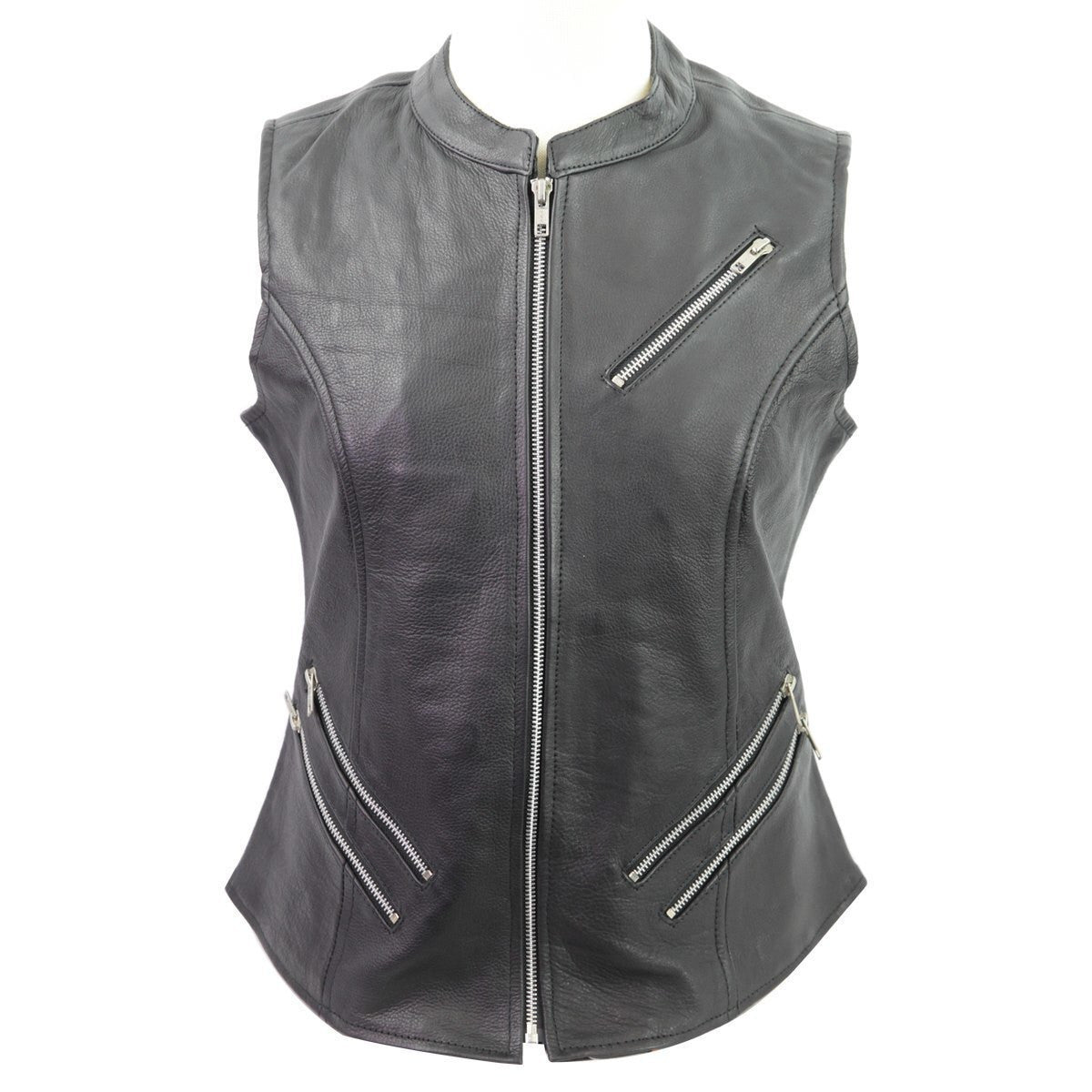 Vance VL1028 Womens Black Zipper Closure and Zipper Pocket Lady Biker Motorcycle Leather Vest - Front View