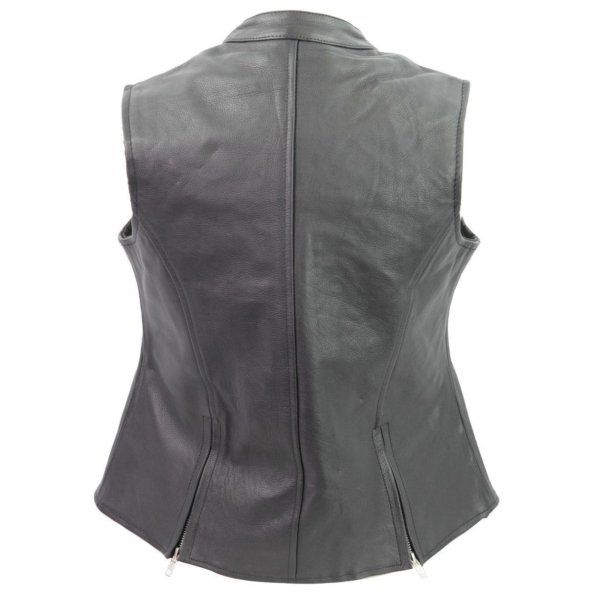 Vance VL1028 Womens Black Zipper Closure and Zipper Pocket Lady Biker Motorcycle Leather Vest - Back View